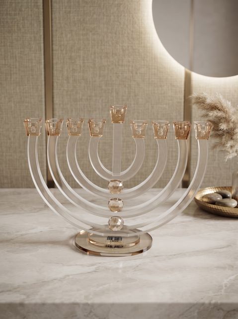 חנוכיה קריסטל - מנורה שקוף וכדורים על בסיס וקני אמבר קריסטל 33X27 ס"מ דגם 14607
