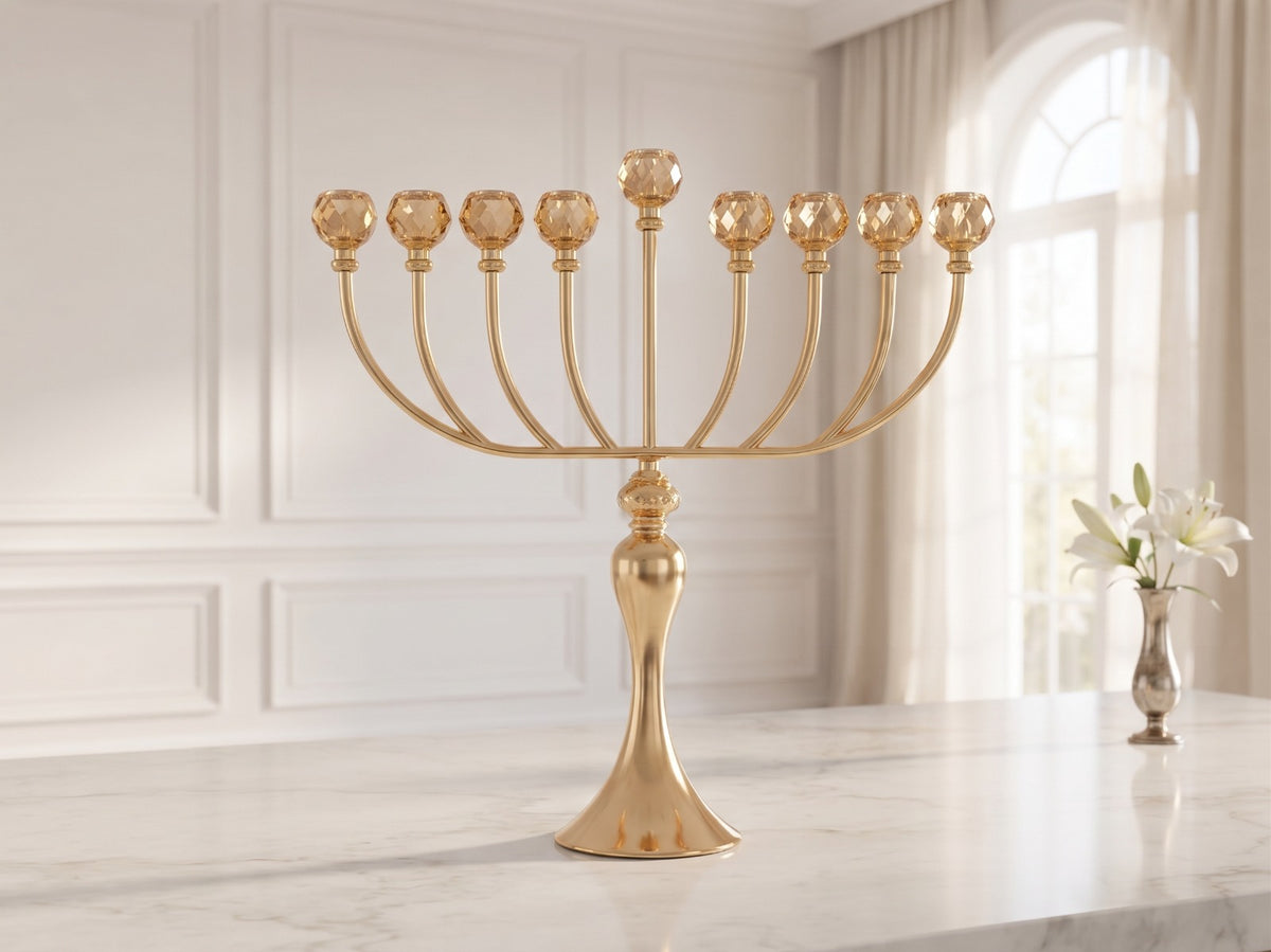 חנוכיה מתכת - מתכת רוז גולד קני קריסטל 31X13X46 ס"מ דגם 14646