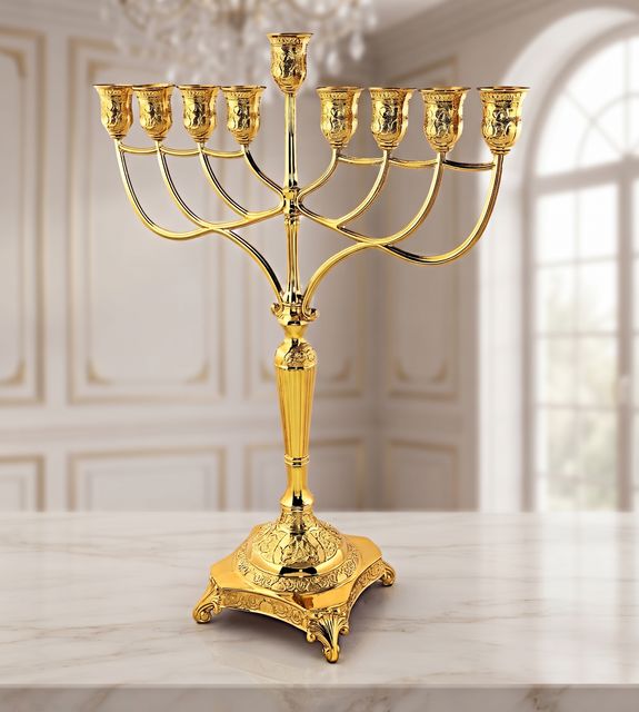 חנוכיה מתכת - זהב חישוקים גבוהה 46 ס"מ על רגליים מעוטרות דגם avi671