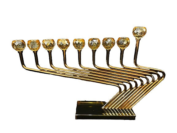 חנוכיה מתכת - זהב זיג זג בסיס קריסטל 40X33 ס"מ
