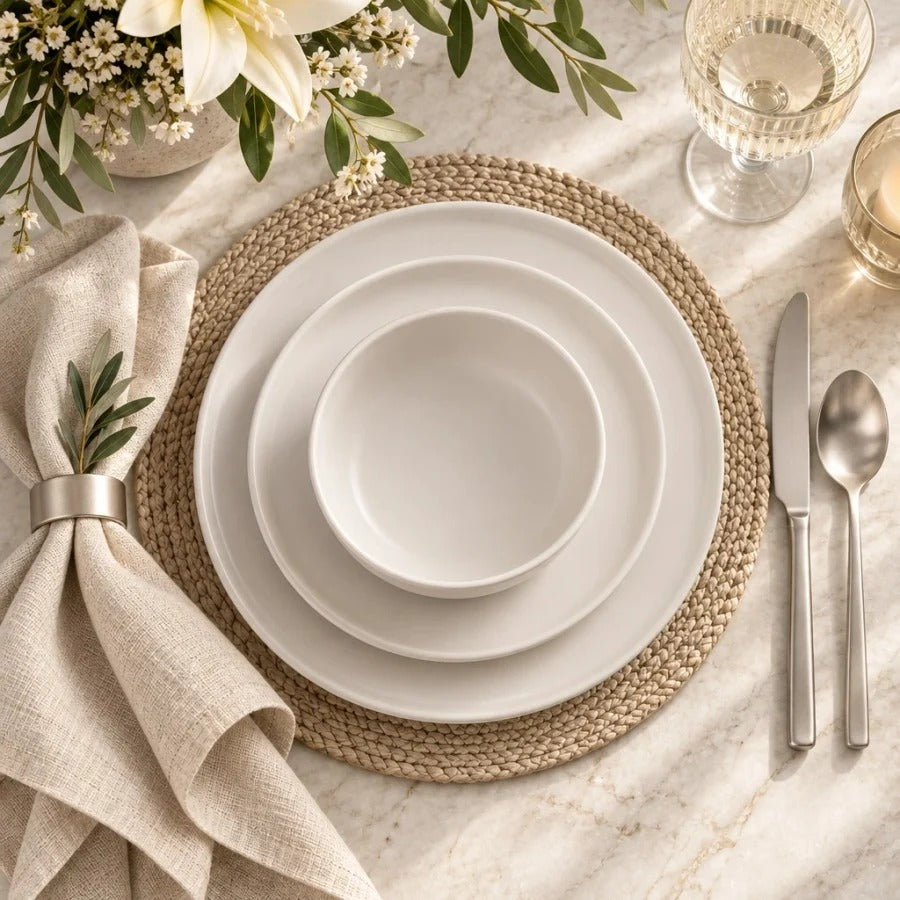 FOOD APPEAL סט צלחות אוכל אלגנטי 18 חל' Solid Stoneware בגוון קרם
