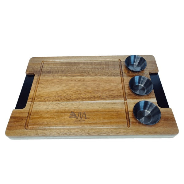 קרש עץ הגשה גדול + 3 קעריות דגם RUSTIC