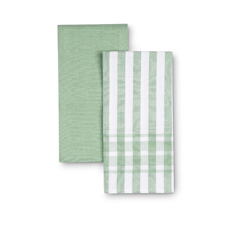סט 2 מגבות מטבח 100% כותנה וופל ירוק/פס ירוק-לבן 70X50 ס"מ