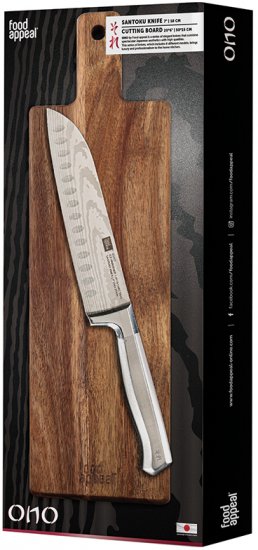 מארז סכין סנטוקו 18 ס"מ + קרש חיתוך עץ שיטה 1.5*15*50 ס"מ ONO