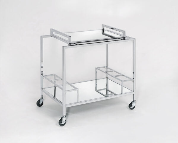 עגלת משקאות מלבנית מתכת עם מגש כסף מראה 75X50 גובה 78 ס”מ