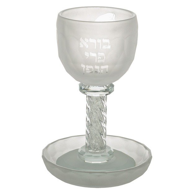 כוס קידוש – קריסטל מהודר שקוף חלבי 'בבא סאלי' עם אבנים כסף