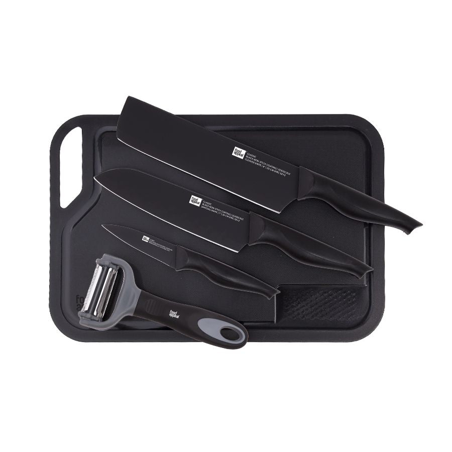 מארז חיתוך 5 חלקים - סכין גרזן 20 ס"מ סכין סנטוקו 18 ס"מ סכין קילוף קולפן ומשטח חיתוך CLASSIC