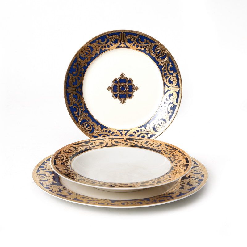 סט צלחות 18 חלקים - דגם Jessica כחול זהב New Bone China זהב 24 קראט