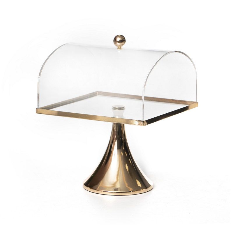 בית עוגה - זכוכית מרובע על רגל זהב ופעמון אקרילי 23X23 גובה 30 ס"מ