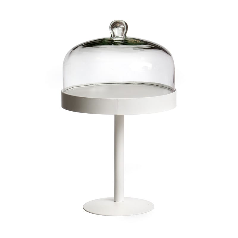בית עוגה עגול מתכת לבן מט על רגל צרה + פעמון זכוכית 25*42 ס”מ