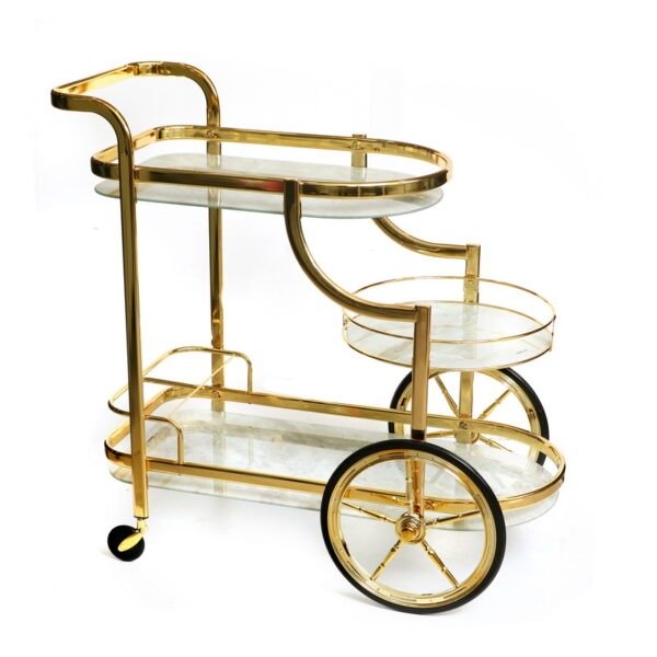 עגלת משקאות - 3 קומות מלבנית מתכת זהב זכוכית שיש לבן