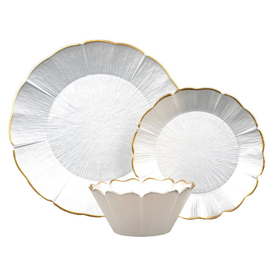 סט צלחות 18 חלקים זכוכית LOTUS WHITE PEARL GOLD לבן פנינה