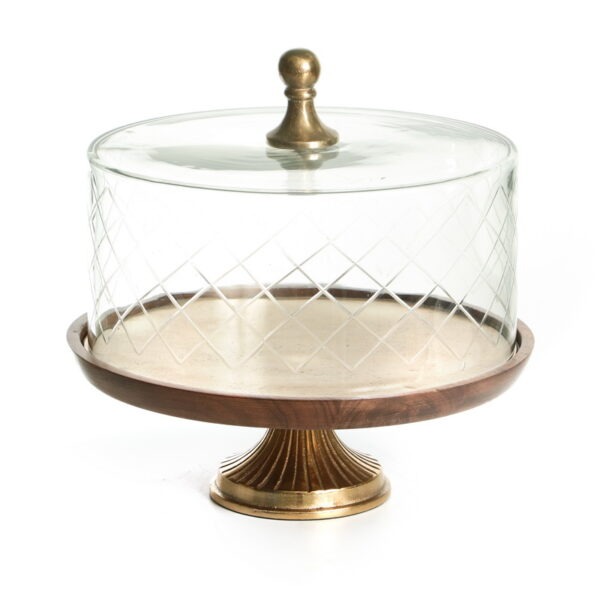 בית עוגה - רגל זהב בסיס עץ פעמון זכוכית שקוף